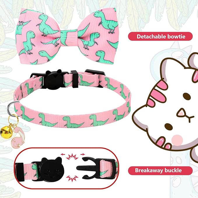 JarThenaAMCS 3Pcs Dinosaur Cat Collar Cute Pink Green Red Collar with Breakaway Bell Bowknot Adjustable Kitten Collars for Girl Boy Cat Small Pet T-Rex Party