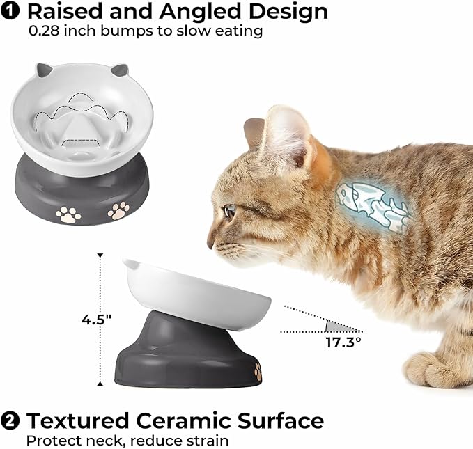 Y YHY Slow Feeder Cat Bowl, Ceramic Elevated Cat Bowl Tilted Design Slow Feeder for Dog and Cat for Dry and Wet Food, Gray