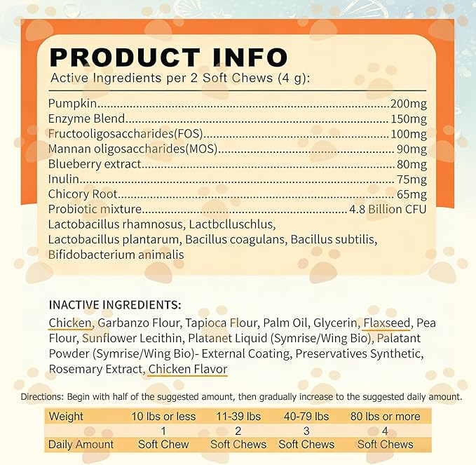 Dog Probiotic Soft Chews 200, Support Gut Health, Immunity, Diarrhea Gas Relief Digestive Balance, Relieve Itchy Skin, with Pumpkin Blueberry, 6 Digestive Enzymes, 4 Prebiotics, 6 Probiotics for Dogs