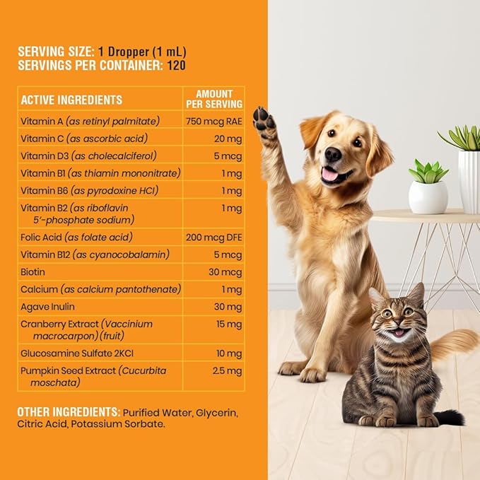 10-in-1 Liquid Multivitamin for Dogs and Cats, 4 Ounce Multi Vitamin Supplement, Vitamin for Dogs, Vitamins for Cats, with Glucosamine & Cranberry, 4 oz
