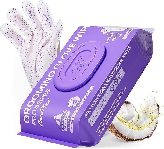 HICC PET Glove Wipes Pro Series for Dogs & Cats, Extra Thick Dual-Textured Grooming Wipes, Rinse-Free Shampoo Mittens for Quick Cleaning & Deodorizing, Perfect Between Baths, Travel