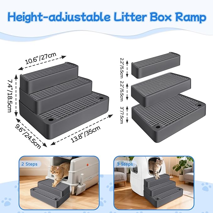 Extra Large 3 Steps Litter Box Ramp, Adjustable Cat Litter Box Step with Filter Function, Easy to Clean Cat Litter Stair Catcher for Elderly Cats and Kitten (Dark Grey)