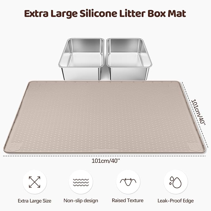 Cat Litter Mat, XL Extra Large 40" x 40" Silicone Mat Litter Trapping Mat for Scatter Control, Soft on Kitty Paws, Easy to Clean (Khaki)