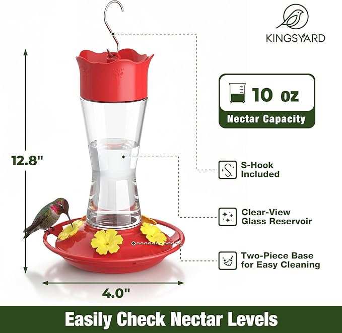 Kingsyard 2-Pack Glass Hummingbird Feeder for Outdoors Hanging, 10 oz Leak-Proof Humming Bird Feeders with Ant Moat & Bee Proof Feeding Ports, Hummingbird Gift for Bird Lovers (Clear)