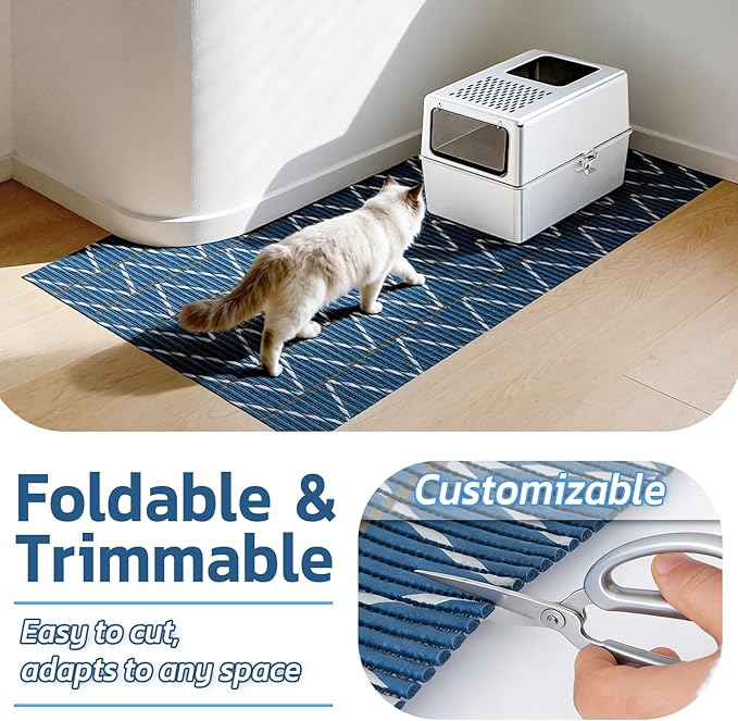 Extra Large Cat Litter Mat, 40x25 Inch Trimable & Soft Foam Pad, Leak-Proof & Non-Slip Bottom, Machine Washable, Scatter Control for Litter Box Area (Navy Chevron)