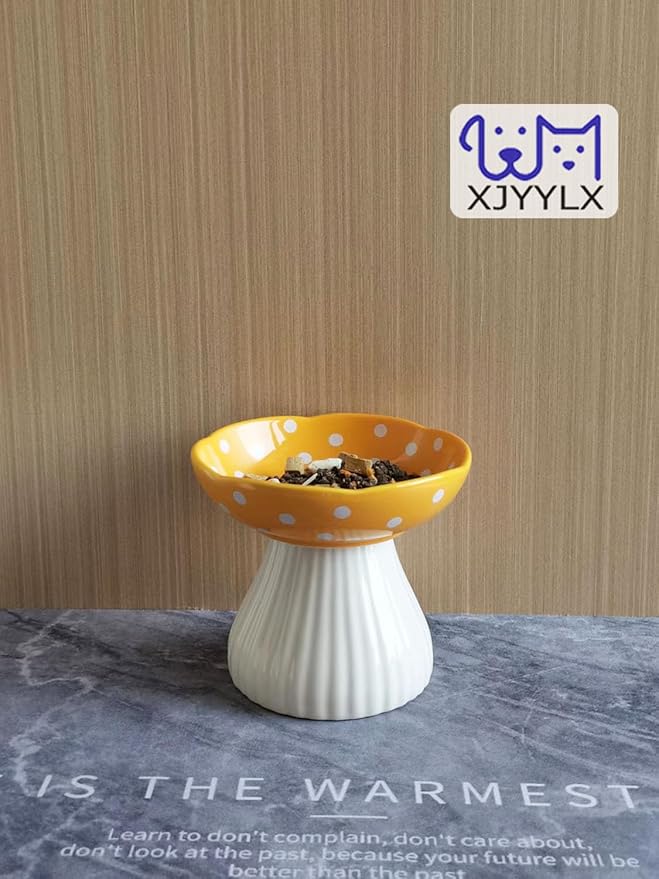 Elevated Mushroom Cat Bowls Ceramic, Raised Cat Bowls for Indoor Cats, Cute Whisker Fatigue Cat Bowl, Raised Dog Bowl Stand for Food and Water, Yellow 6" Wide for Adult Cats