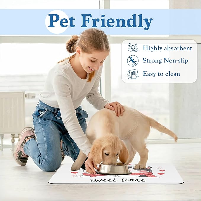 Sweet Cat Lovers Dog Cat Food Mat–Christmas Stocking Absorbent Waterproof Placemat for Food and Water Bowls, Non Slip Rubber Backing, Feeding Mat for Clean Floors 16"x24"