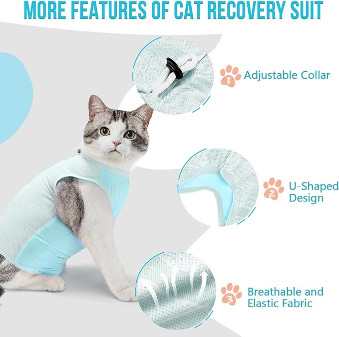 SlowTon Cat Recovery Suit - Onesie After Surgery for Female Male Kittens, Clothes Surgical Spay Suit for Abdominal Wounds, E-Collar Alternative Bodysuit Anti-Licking (Light Blue, S)