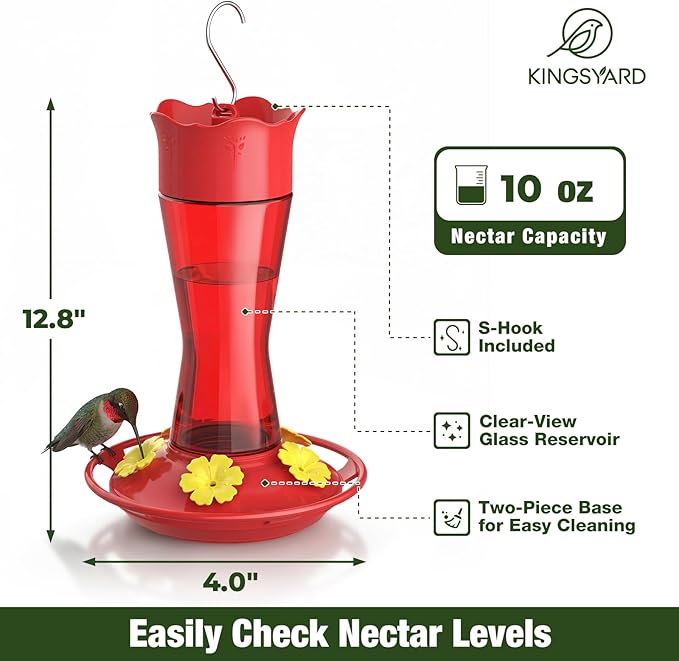 Kingsyard 2-Pack Glass Hummingbird Feeder for Outdoors Hanging, 10 oz Leak-Proof Humming Bird Feeders with Ant Moat & Bee Proof Feeding Ports, Hummingbird Gift for Bird Lovers (Red)