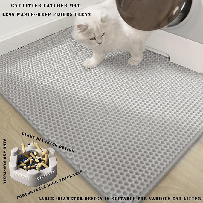 HCY&WLD Cat Litter Mat, 45x26/35x24/30x22/24x18 Inch Double Layer Cat Litter Box Mat, EVA Non-Slip, Waterproof Urine Proof Cat Litter Catcher Mat, Easy Clean Scatter Control (30x22 Inch, Gray)