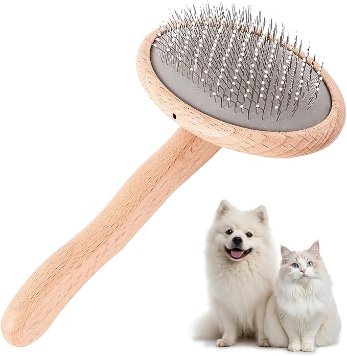 Wooden Dog Brush for Shedding, Grooming, Long haired Dogs, Poodle, Puppy & Indoor Cats, Oval Pin Brush with Coated Tips & Air-Cushion Design, Dog Slicker Brush，pin Brushes for cat Grooming
