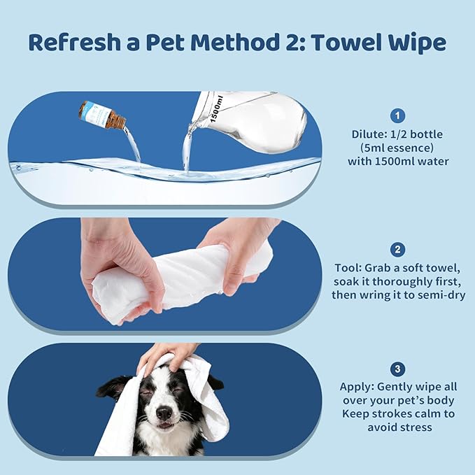 2Pcs Waterless No-Rinse Pet Shampoo Essence for Dogs & Cats, Concentrated Deodorizing Formula Neutralizes Odors & Hydrates Coat with Pomegranate Scent, for Steam Brush,0.34 oz*2