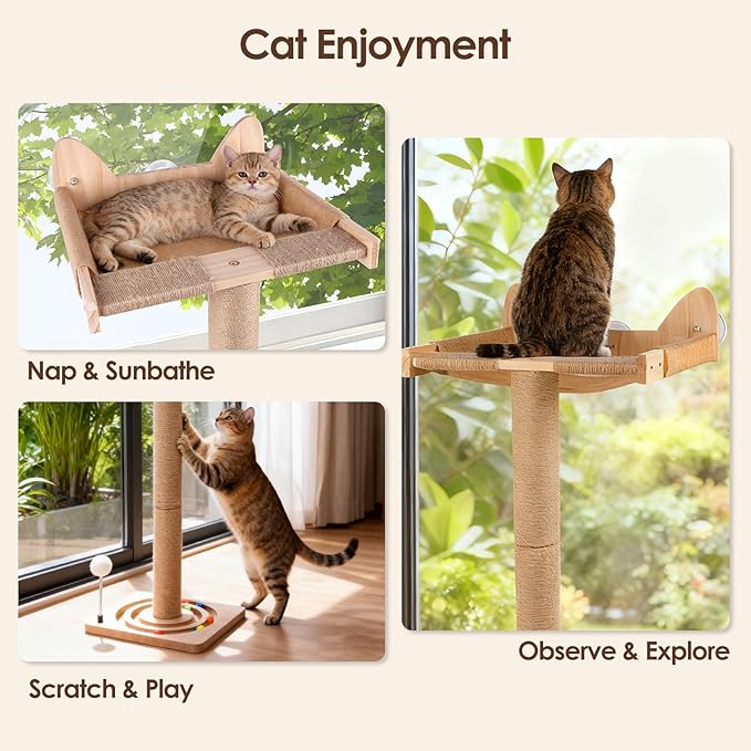 Cat Window Perch with Tall Sisal Scratching Posts, 45" Adjustable Cat Tree Hammock with 3 Strong Suction Cups, Cat Window Bed for Inside Sleeping, Playing and Birds Watching (Drilling-Free)