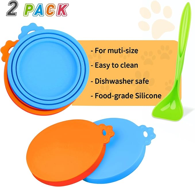 Lydia’s Deal Pet Food Can Covers 2-Pack, Thick Silicone Universal Can Lids for Dog & Cat Food, Fits 3oz/5.5oz/12oz, Airtight Seal, Durable & Dishwasher Safe, Easy Grip with Spoon (Blue & Orange)