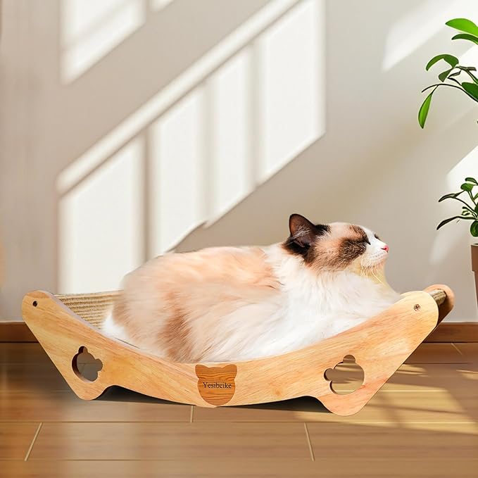 Upgraded Sisal Cat Scratcher Bed, Solid Oak Frame 1.3 cm Thick, 100% Sisal Pad, Curved Scratch Lounger, Stable Base Up to 36 lb, Sofa Protector, Odor-Free, 23.6" x 13.7"