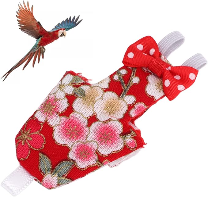 Bird Diaper Parrot Flight Suit Washable Reusable Cotton Cloth with Liner Adjustable Strap for Pet Birds Macaw Cockatiel Conure Lovebird Parakeet (S red Cherry Blossoms)