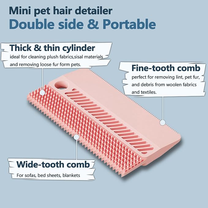 Self-Cleaning Cat Shedding Grooming Brush for Small Dog Pet Short Hair Remover Set Reusable Lint Removal Tool Carpet Scraper for Clothes Couch Bedding Furniture Car Pink