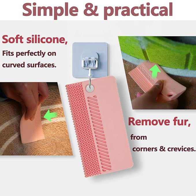 Self-Cleaning Cat Shedding Grooming Brush for Small Dog Pet Short Hair Remover Set Reusable Lint Removal Tool Carpet Scraper for Clothes Couch Bedding Furniture Car Pink