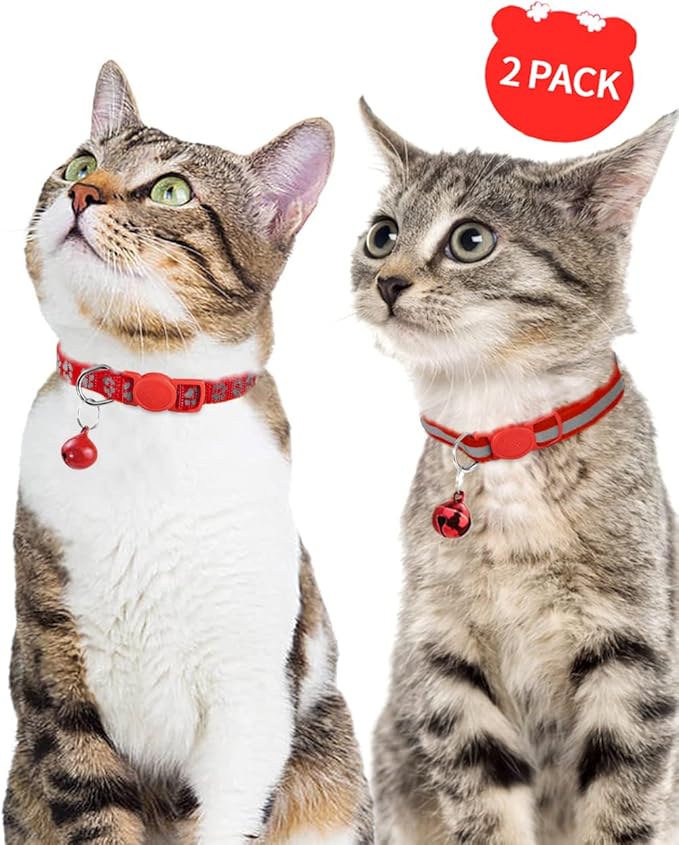 Taglory Reflective Cat Collar Breakaway with Bell, High Visibility Night Strip, Lightweight Adjustable Nylon Collar for Boy Girl Cats, 2 Pack, 7.5-12.5 Inch, Red