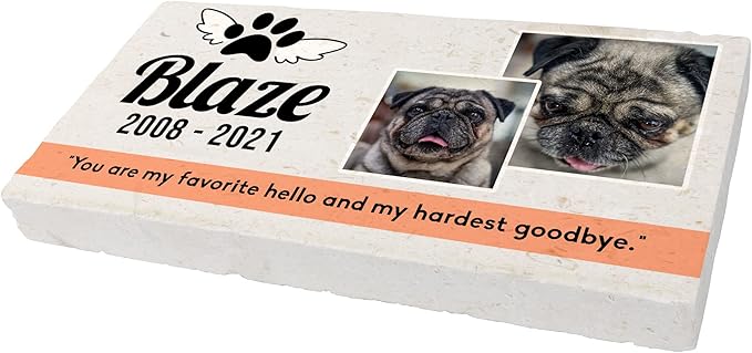 Personalized Pet Memorial with Keepsake Photo on Limestone - Headstones, Garden Stones, and Grave Markers for Dogs - Dog Memorial Stone, Pet Memorial Gifts - 12”x 6”x1.25" C (C. Blaze Design)