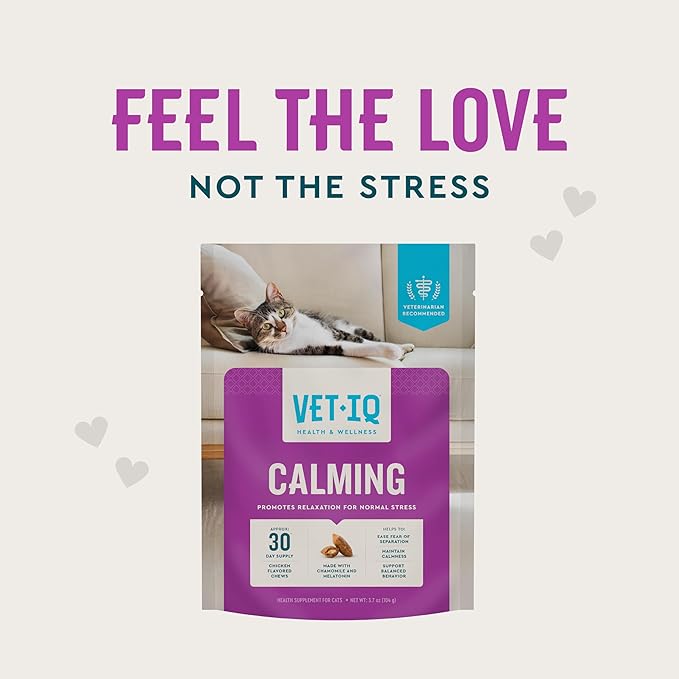 VetIQ Cat Calming Treats with Melatonin for Stress Relief, Organic Ashwagandha, and GABA Chicken Flavored Chews, 3.7oz