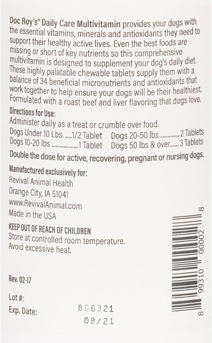 Doc Roy’s Daily Care Canine Multivitamin Supplement for Dogs, 180ct Chewable Tablets with 34 Essential Vitamins, Minerals, Omega Fatty Acids & Antioxidants, All Breeds & Life Stages