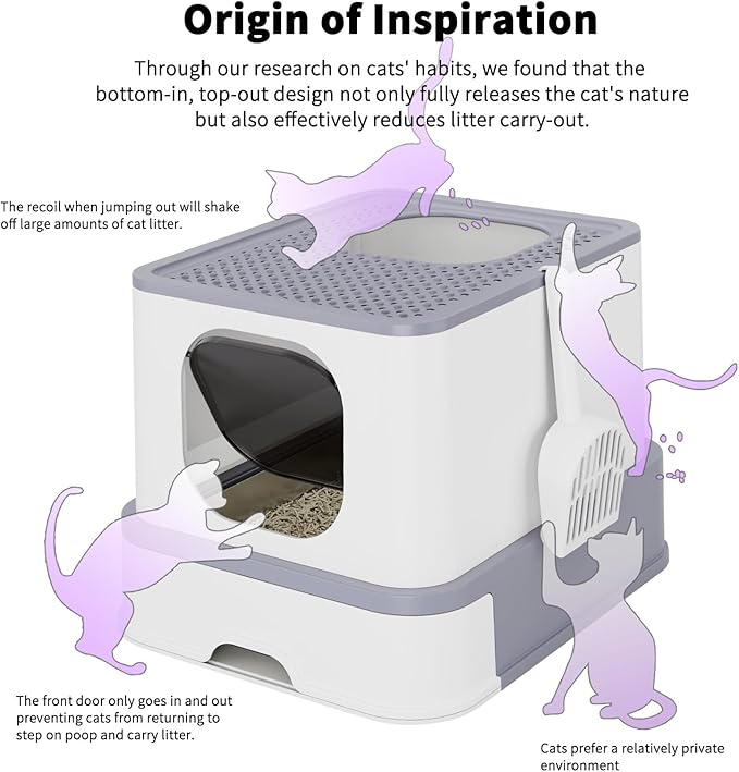 RIZZARI Stainless Steel Cat Box: Large Gray Enclosed Design Litter Pan - High-Edged & Teflon Coating - for Superior Odor Control & Easy-Clean Drawer - Ideal for Multi-Cat Homes Garage