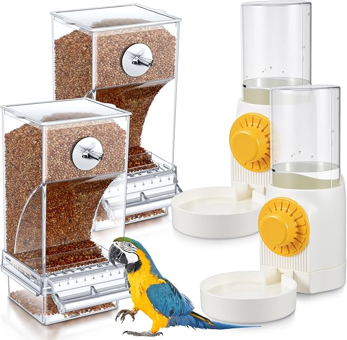 Jingmore 4 Pcs No Mess Small Bird Feeder Parakeet Water Dispenser Set Automatic Clear Parakeet Feeder Acrylic Watered Cage Accessories for Canary Budgie Lovebirds Finches(White)