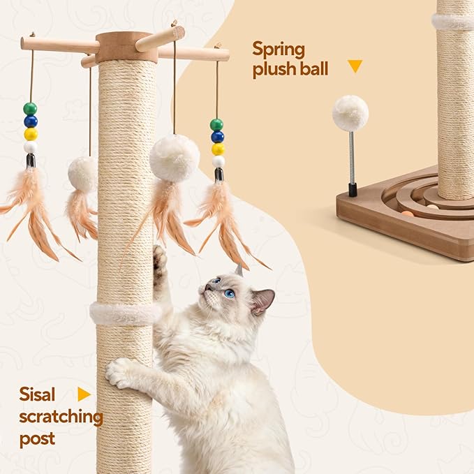 25 Inches Cat Scratching Post with Interactive Toys, Sisal Cat Scratch Post with Sturdy Ball Track Base for Indoor Cats and Kittens