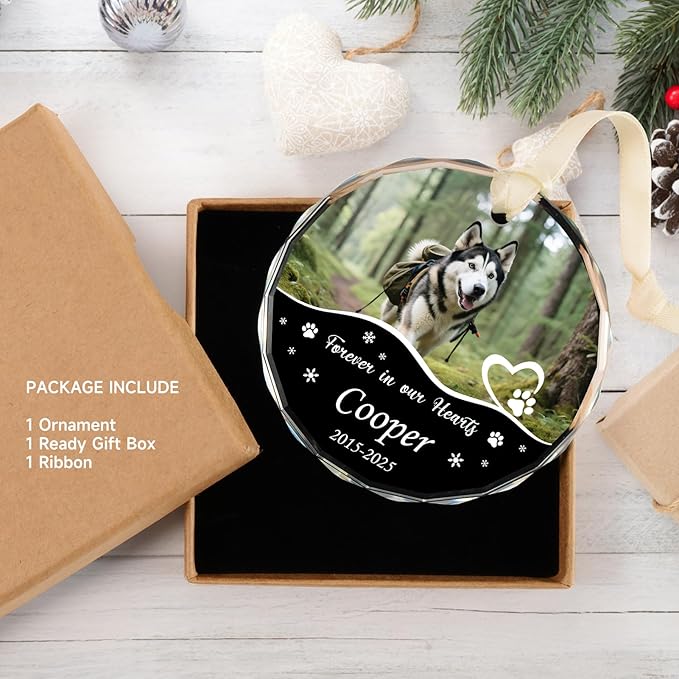 Personalized Pet Memorial Ornament - Custom Photo, Name & Dates - Forever in Our Hearts Glass Crystal Keepsake Ornaments - Dog Memorial Gifts for Loss of Dog, Cat