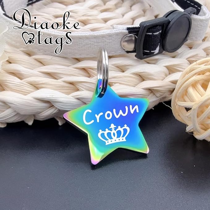 Stainless Steel Cat ID Tag Personalized Pet Tags with up to 4 Lines of Custom Text, Small Pet Mini Dog Cat Tag Lightweight, Engraved on Both Sides, Multiple Patterns Colors Size Options (Star Icon)