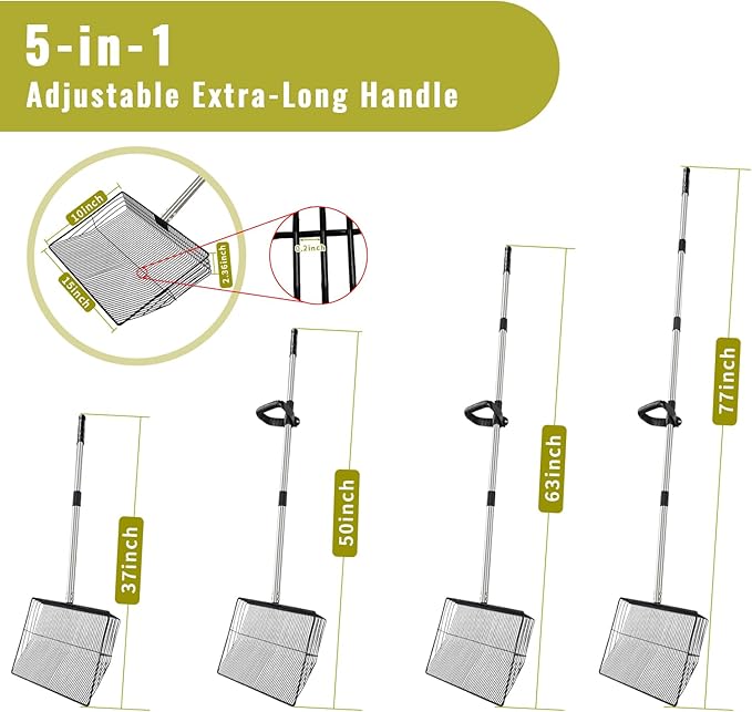 Metal Chicken Poop Scooper, 5-in-1 Detachable Chicken Coop Scoop Rake, Long Stainless Steel Handle, Chicken Litter Scoop Sifting Shovel Chicken Coop Scooper for Sand (15inch Large)