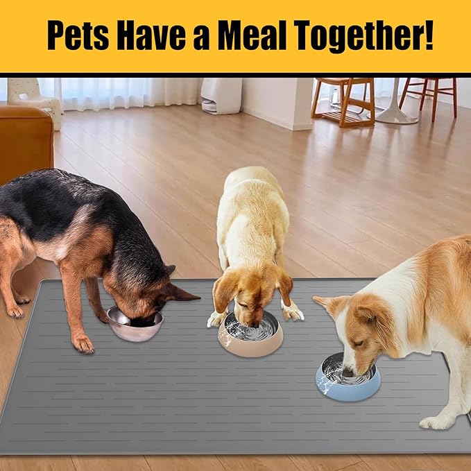 1.5MM Super Thick Dog Food Mat, 48"x32" Silicone Dog and Cat Mats for Food and Water Bowls, Waterproof Pet Feeding Mat for Contain Spills Protects Floors, Multiple Colors & Sizes for Pets, Light Gray