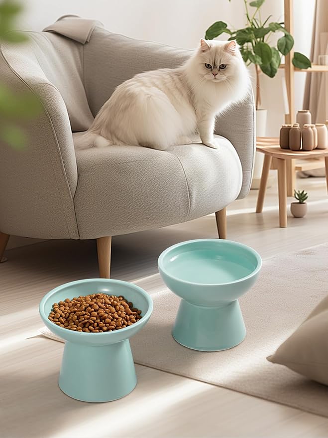 LoeJan Elevated Cat Food and Water Bowls Set, Extra Wide and Raised Ceramic Feeder, Anti-Vomit Whisker-Free Pressure Feeding Bowl for Kittens Adult Small Dogs (Blue)