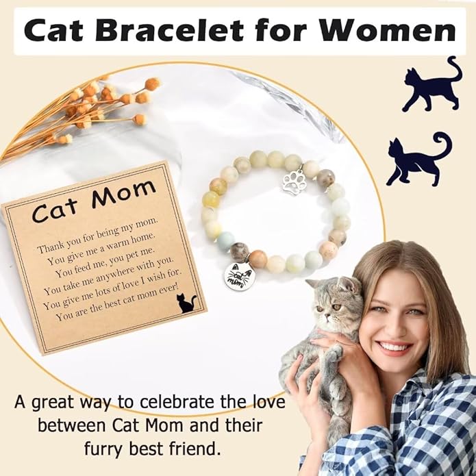 Cat Mom Gifts: Beaded Bracelet Paw Print for Women, Cat Lovers - Birthday, Christmas, Valentine's, New Year