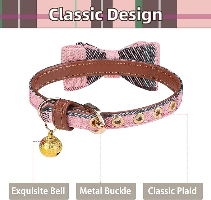 PUPTECK Puppy Collar with Bell XXS Dog Collar Charm Adjustable Bowtie Soft Leather for Cats Kittens Extra Small Dogs 2 Packs