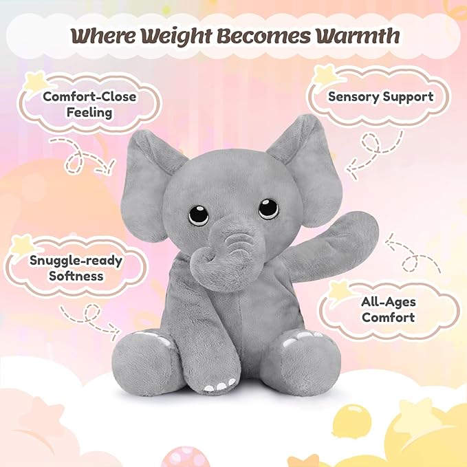 BRICHOEE Weighted Stuffed Animals, 5lbs Elephant Plush Sensory Weighted Elephant Stuffed Animals, Cute Plush Toy Calming Plushie Pillow Birthday Gifts for Adults Baby Kids Boys Girls