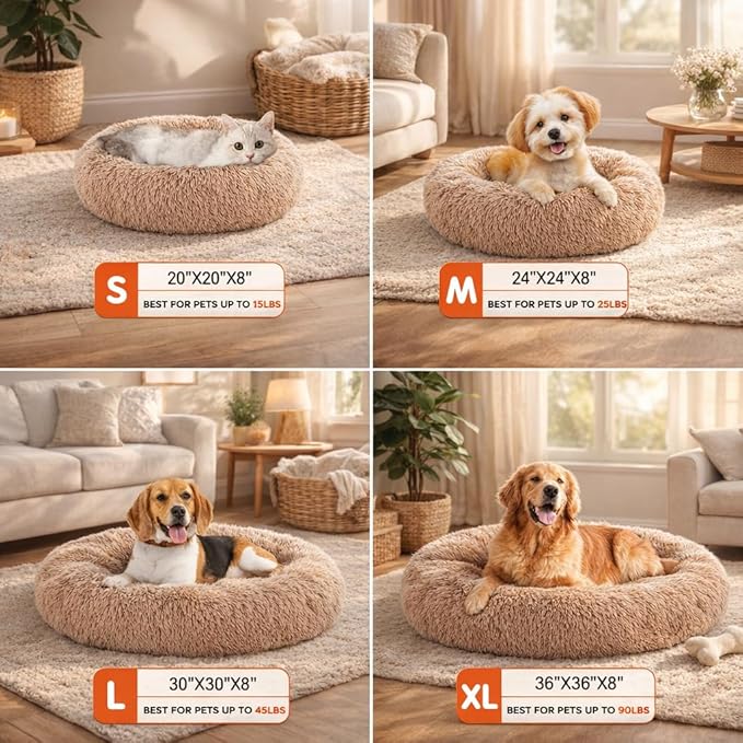 Dog & Cat Bed for Indoor Cats, 24in Calming Donut Pillow mat for Puppy and Kitten, Washable Cooling Round Fluffy Pet Nest for Small Medium Dogs and Cats, Brown