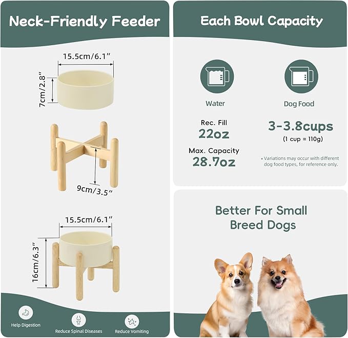 Ceramic 6.1inch Raised Dog Bowl with Stand for Small and Medium Dog Dish Pet Food and Water Bowl (Single Bowl with Stand - Light Yellow)