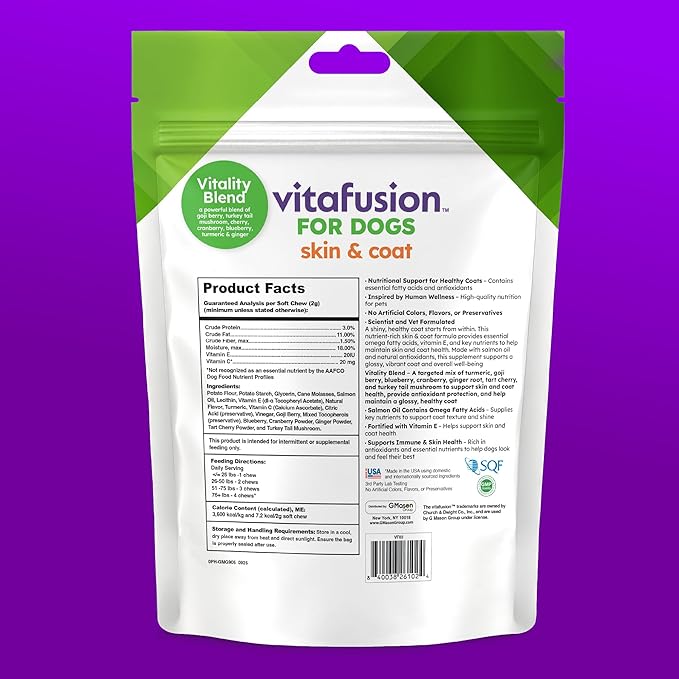 VitaFusion for Dogs Skin & Coat Supplement, Omega 3 Salmon Oil & Vitamin E – Supports Healthy Skin, Shiny Coat & Moisture Balance, Vet Formulated 120 Chews.