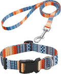 Dog Collar and Leash Set with Bohemia Floral Tribal Geometric Patterns - Soft Ethnic Style Collar Adjustable for Small Medium Large Dogs(Bohemian Orange Set,M)