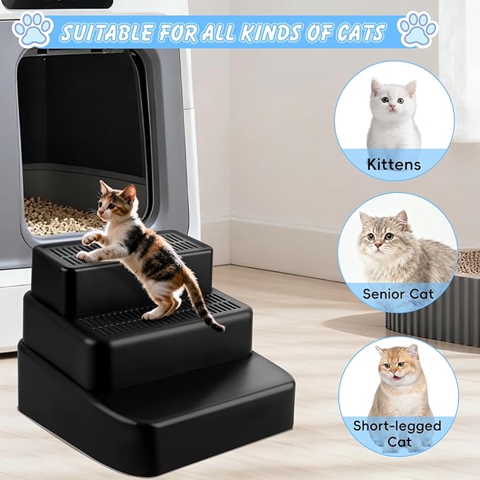 Adjustable 3 Steps Litter Box Ramp, Litter Box Step with Filter Function, Easy to Clean Cat Litter Stair Catcher for Older Cats and Small Cats (Black)