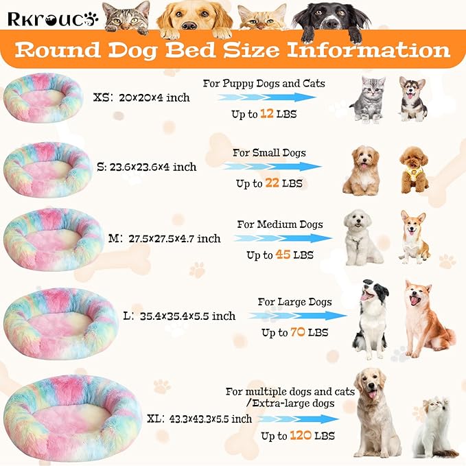 Fluffy Dog Bed Calming Donut Beds for Large Dogs Warming Round Small Medium Pet Nest Cozy Cat Mattress Indoor Washable Puppy Kennel Kittens Sleep Mat (M, 27.5×27.5 inch, Rainbow)