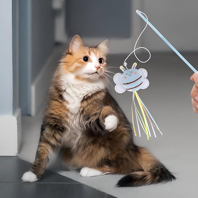 NOWFRESH Cat Wand Toy Set, 2 PCS Interactive Cat Teaser Wands with Cute Lion & Mouse Designs, Equipped with Bells and Streamers to Captivate Your Cat’s Attention