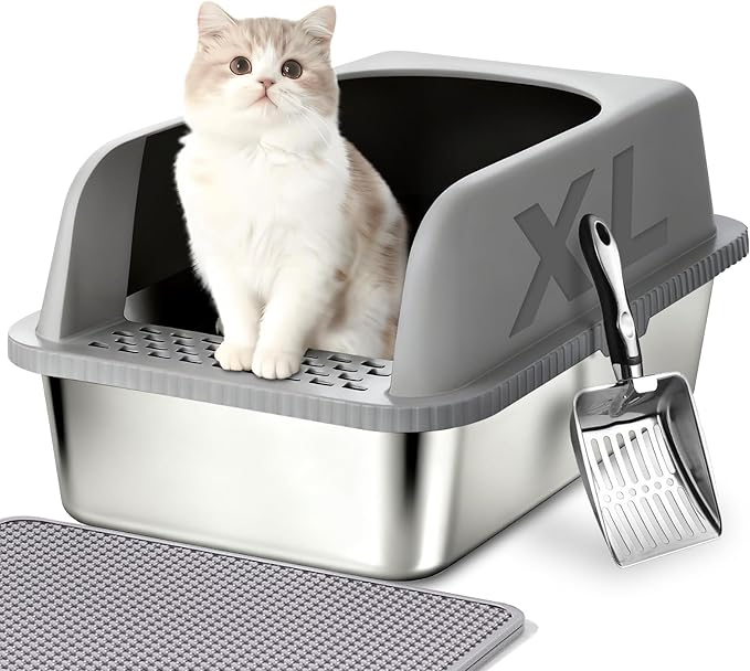 Stainless Steel Cat Litter Box with Lid, 20" L x 14.2" W x 12" H, Extra Large Enclosed Litter Box for Cats, High Sided Anti Leakage, Non-Stick, Includes Stainless Steel Scoop & Cat Mat