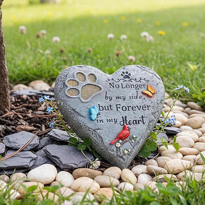 Pet Memorial Stone for Cats Dog Remembrance Gift with Paw Print, Cardinal & Butterfly, Pet Grave Markers Heart-Shaped Resin Dog Loss Sympathy Gift 6 inch