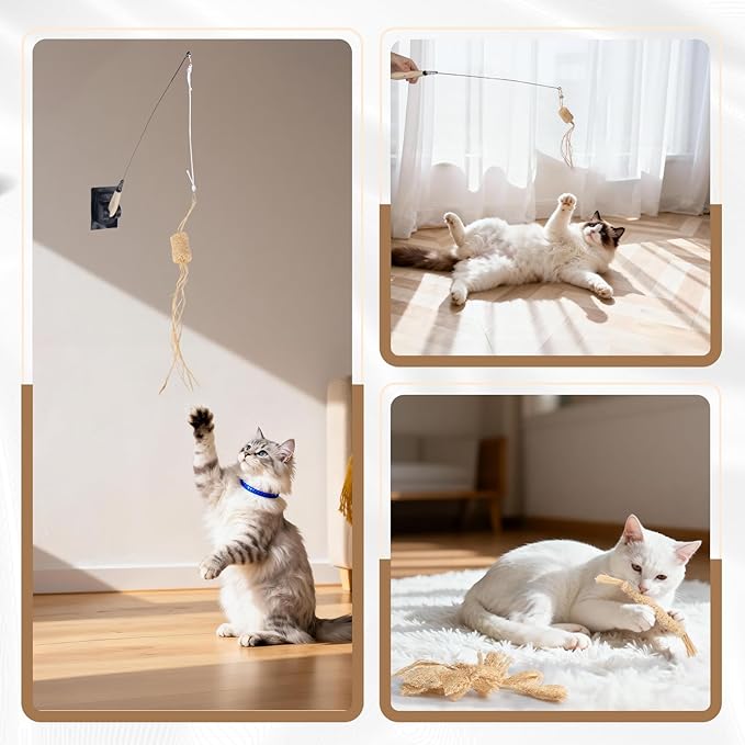 Cat Chew Toy-Natural Loofah Raffia Catnip Toys-7pcs Handmade Gum Massage Teether w/ Cat Wand Toy, Interactive Teeth Cleaning,Kitten Chew Stick for Aggressive Chewers, Safe Bite Relief & Stress Relief