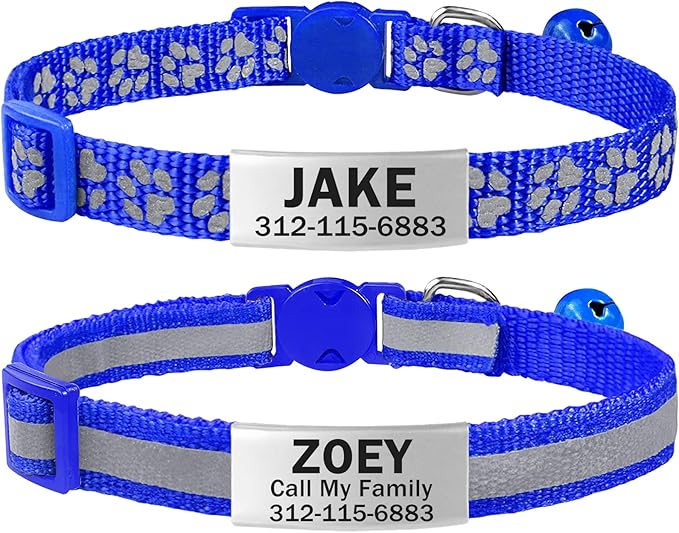 TagME 2 Pack Cat Collar with Name Tag, Personalized Reflective Cat Collar Breakaway with Bell for Boy & Girl Cats, NavyBlue