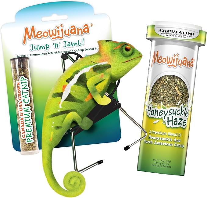 Meowijuana Chameleon Jump 'n' Jamb Door Hanging Cat Toy and Honeysuckle Haze Catnip Blend | Refillable Interactive Catnip Toy | Catnip Grown in North America