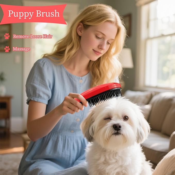 Comma-Shaped Small Dog Brush and Cleaning Comb, Fit for Yorkie, Shih Tzu, Maltese Maltipoo Pomeranian - Gentle Soft Bristles for Effortless Pet Hair Removal, Puppy Essentials (Rose Red)